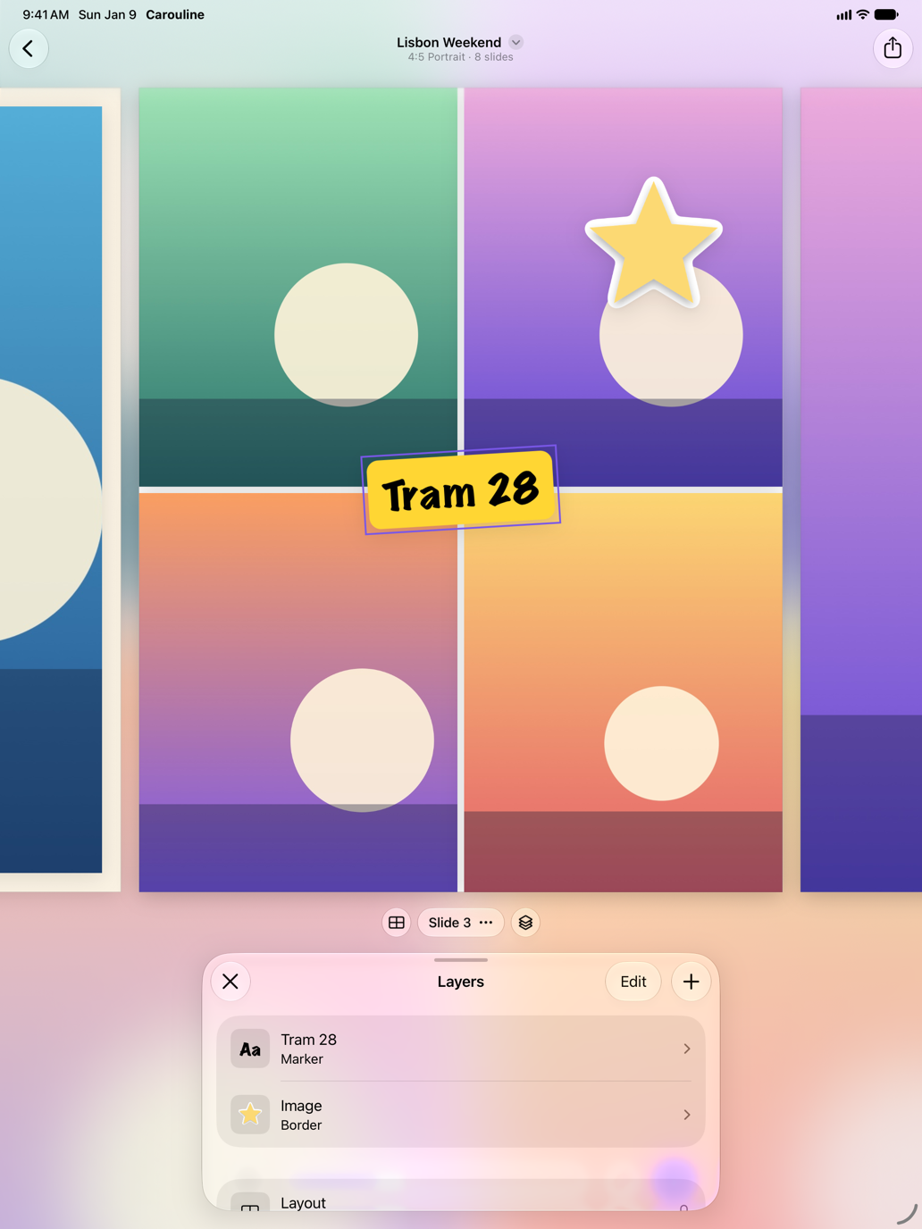 Carouline on iPad: a slide laid out as a grid of four sunset photos, with a Tram 28 label in marker and a star sticker on top, and the Layers sheet below listing them both.