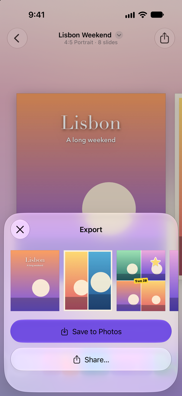 The Export sheet over the project, previewing its slides in a row above a Save to Photos button and a Share button.