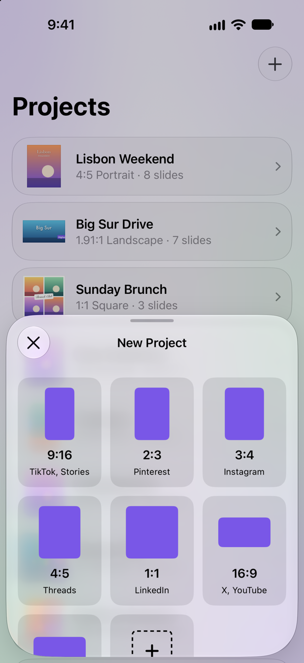 The New Project sheet over the projects list, offering slide shapes for 9:16 TikTok and Stories, 2:3 Pinterest, 3:4 Instagram, 4:5 Threads, 1:1 LinkedIn and 16:9 X and YouTube, and a tile for a shape of your own.
