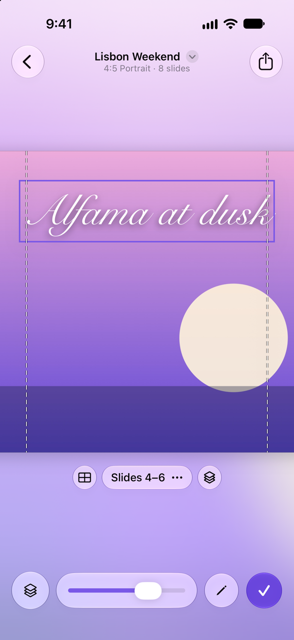 A panorama across slides 4 to 6, a dusk scene whose seams show as dashed lines, with the words Alfama at dusk in script running across it, selected for editing.