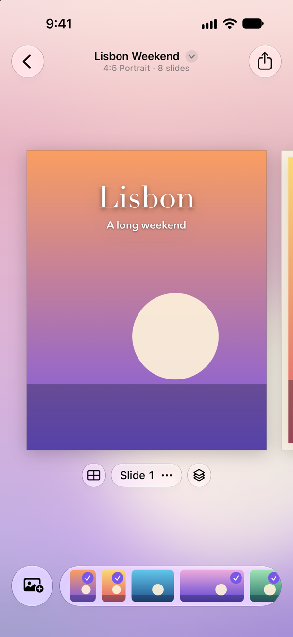 A Carouline project, Lisbon Weekend, on its first slide: a sunset photo titled Lisbon, A long weekend, with the next slide peeking in beside it and a tray of the project's photos along the bottom.
